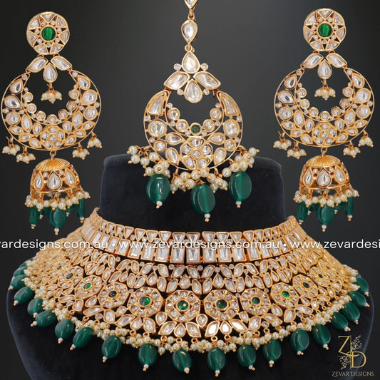 Zevar Designs Designer Necklace Sets Designer Kundan Polki Necklace Set with Tikka - Green