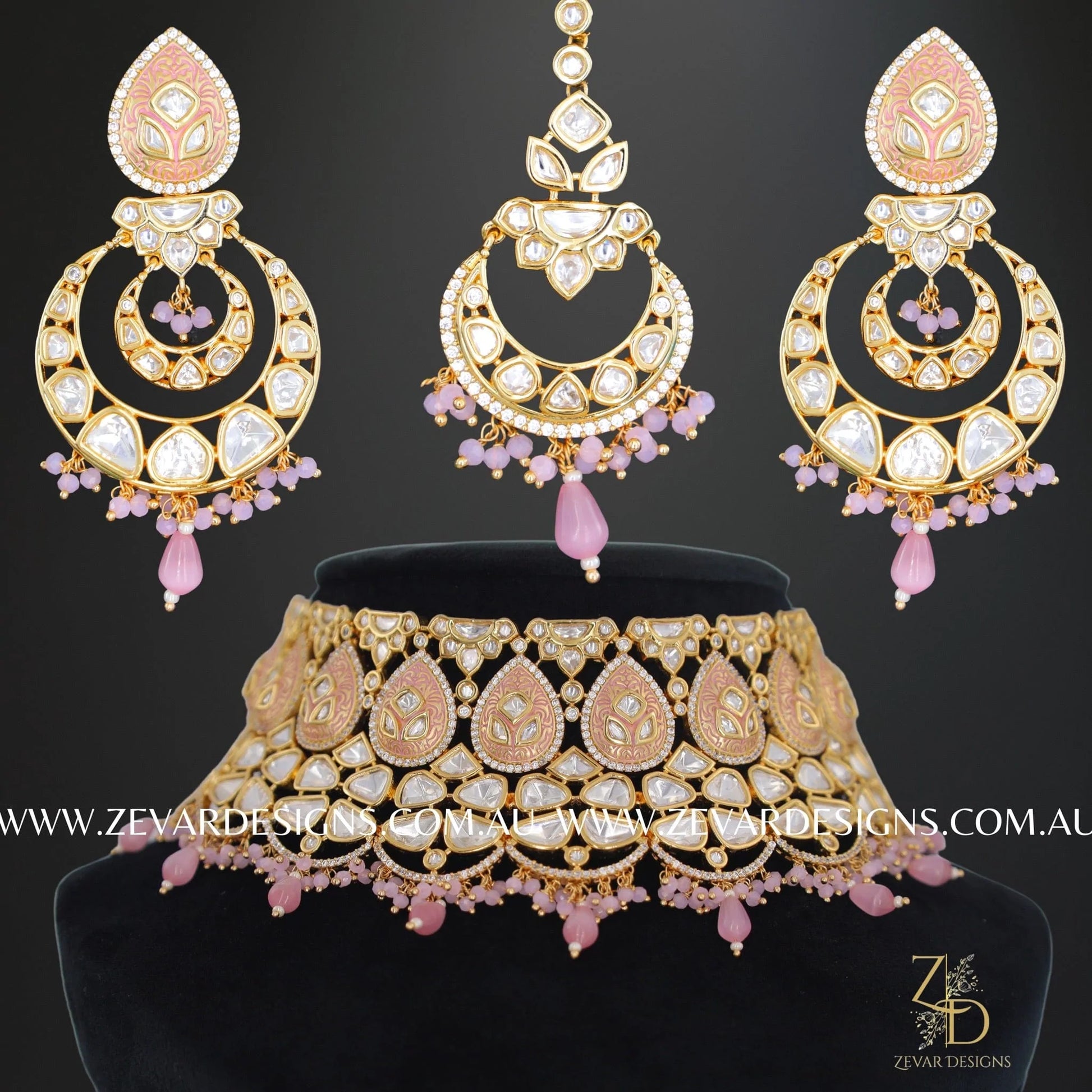 Zevar Designs Designer Necklace Sets Designer Kundan Polki Necklace Set with Tikka - Pink