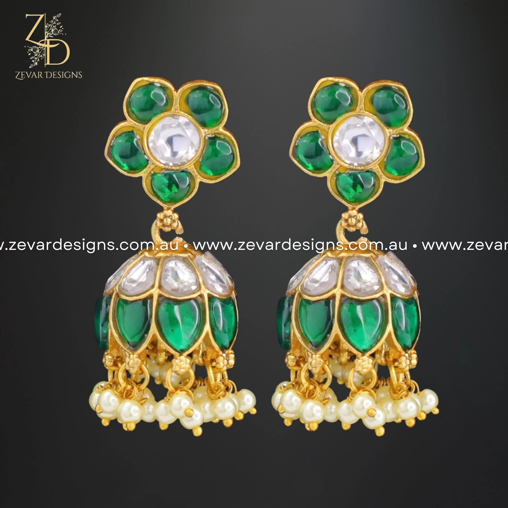 Zevar Designs Kundan Earrings Jadau Kundan Jhumki (Small)  - Green