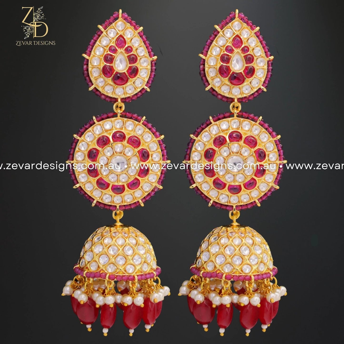 Zevar Designs Designer Earrings Jhumki Kundan Polki - Ruby Red
