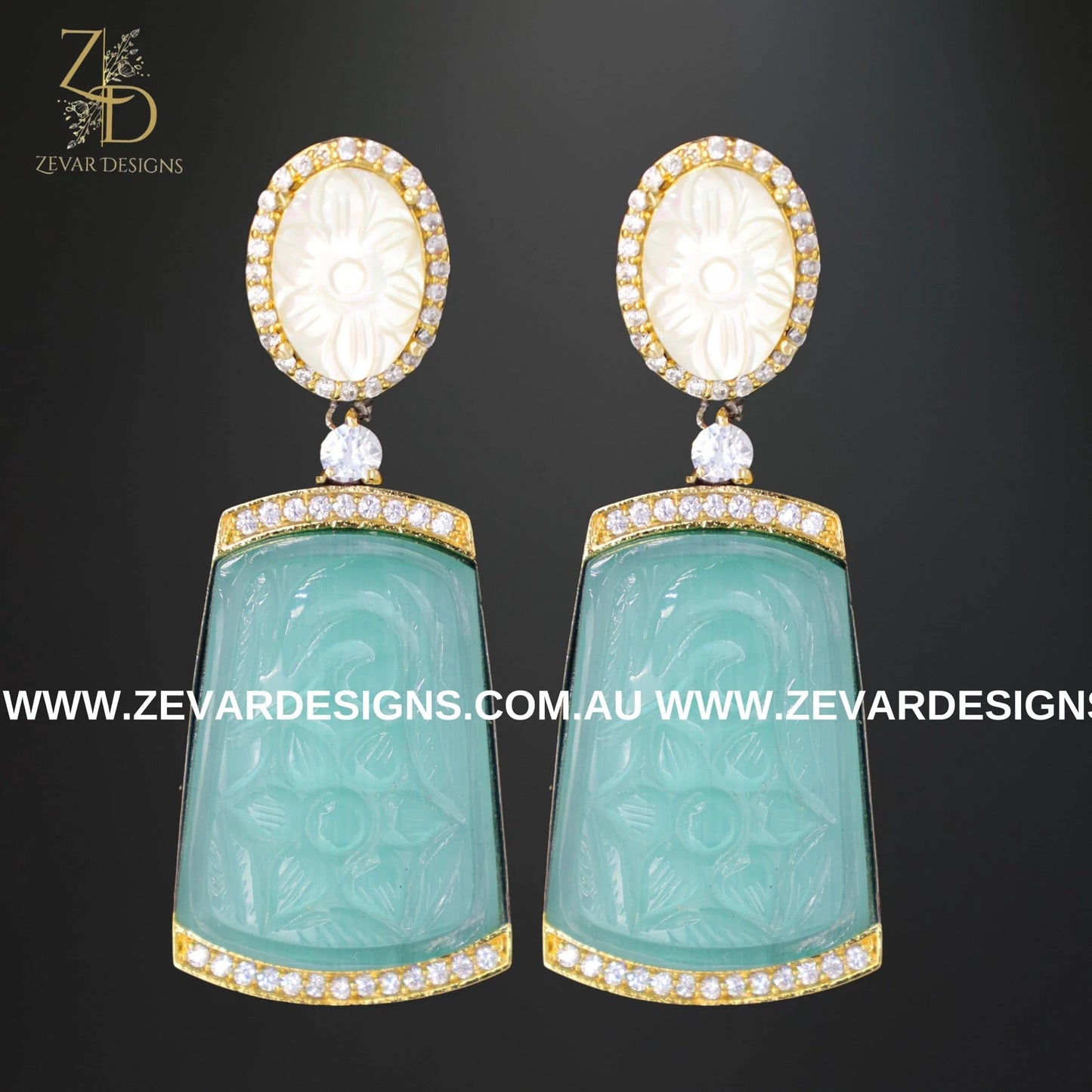 Zevar Designs Fusion-Amrapali Kundan AD Earrings with Carved stone - Aqua
