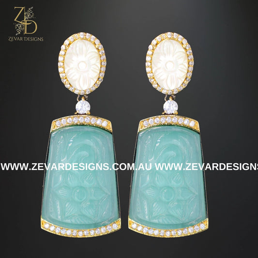 Zevar Designs Fusion-Amrapali Kundan AD Earrings with Carved stone - Aqua