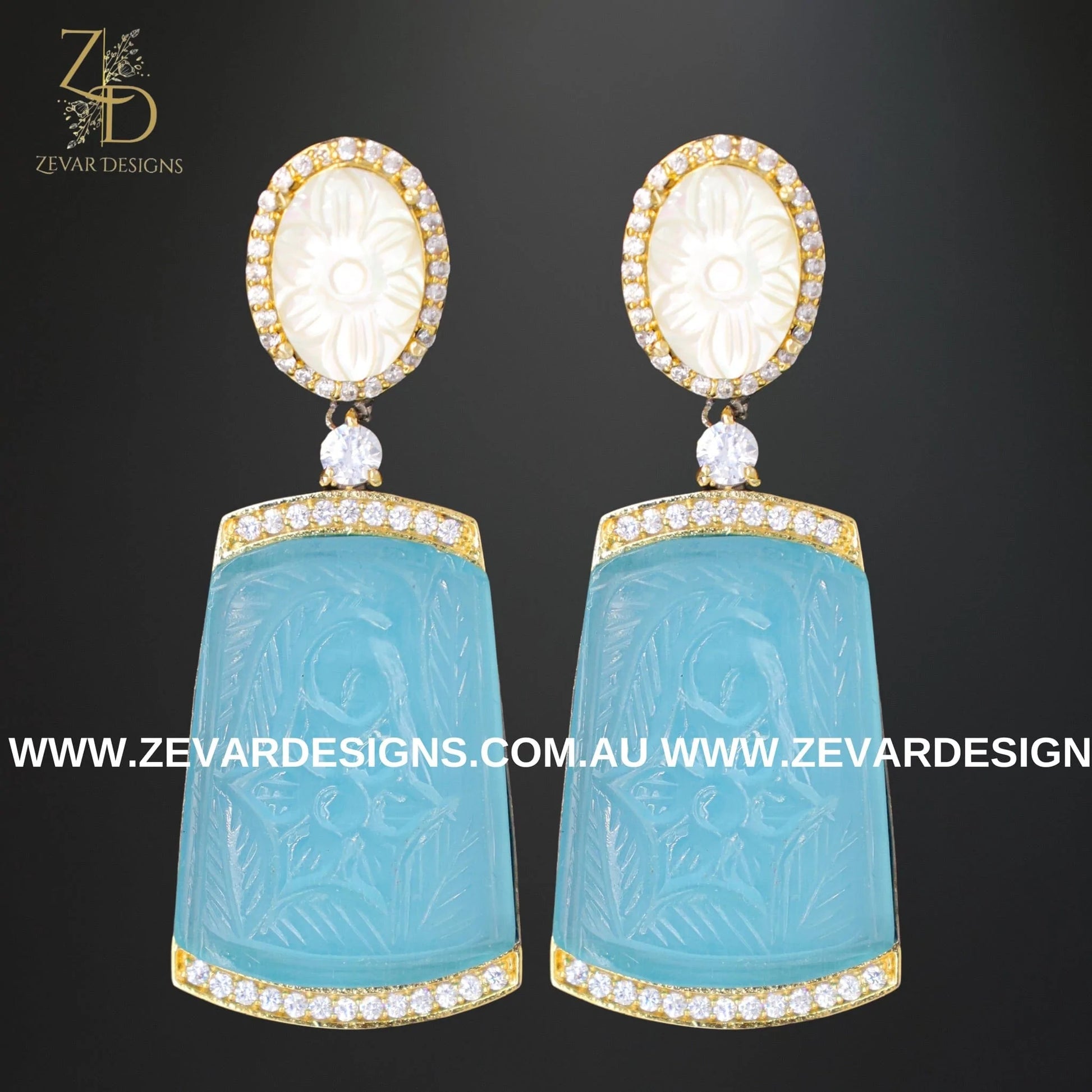 Zevar Designs Fusion-Amrapali Kundan AD Earrings with Carved stone - Blue