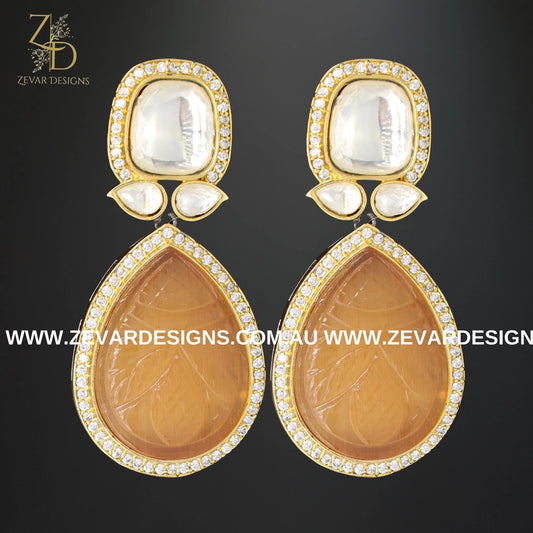 Zevar Designs Fusion-Amrapali Kundan AD Earrings with Carved stone - Peach