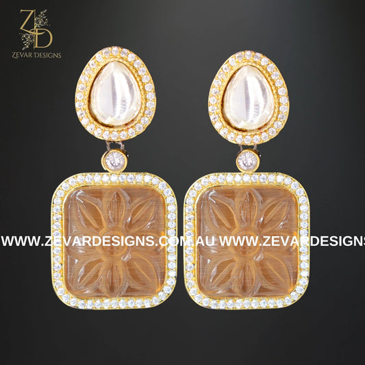 Zevar Designs Fusion-Amrapali Kundan AD Earrings with Carved stone - Peach