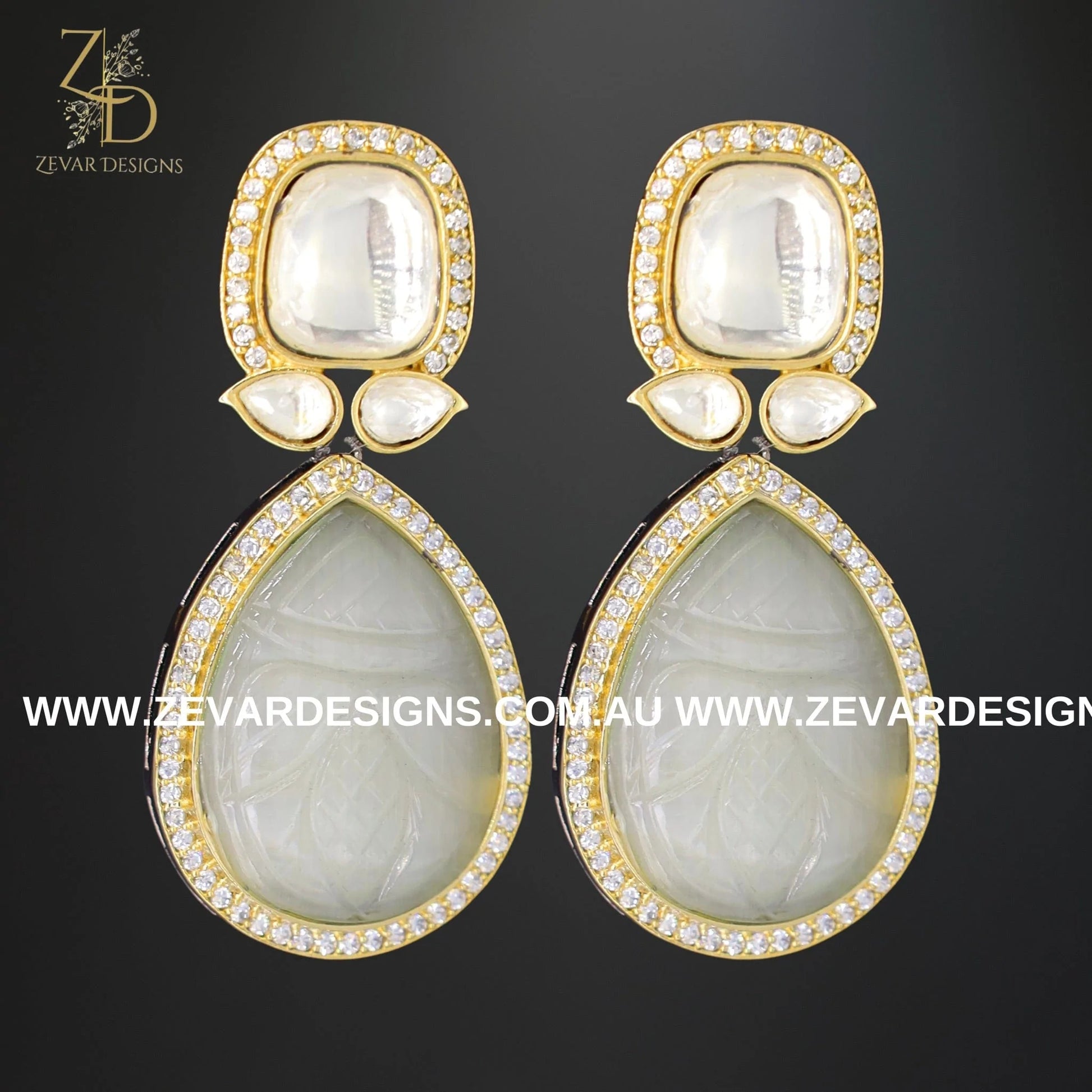 Zevar Designs Fusion-Amrapali Kundan AD Earrings with Carved stone - White