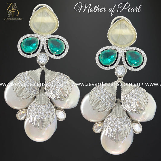 Zevar Designs Fusion-Amrapali Kundan AD Earrings with Mother of Pearl - Aqua Green