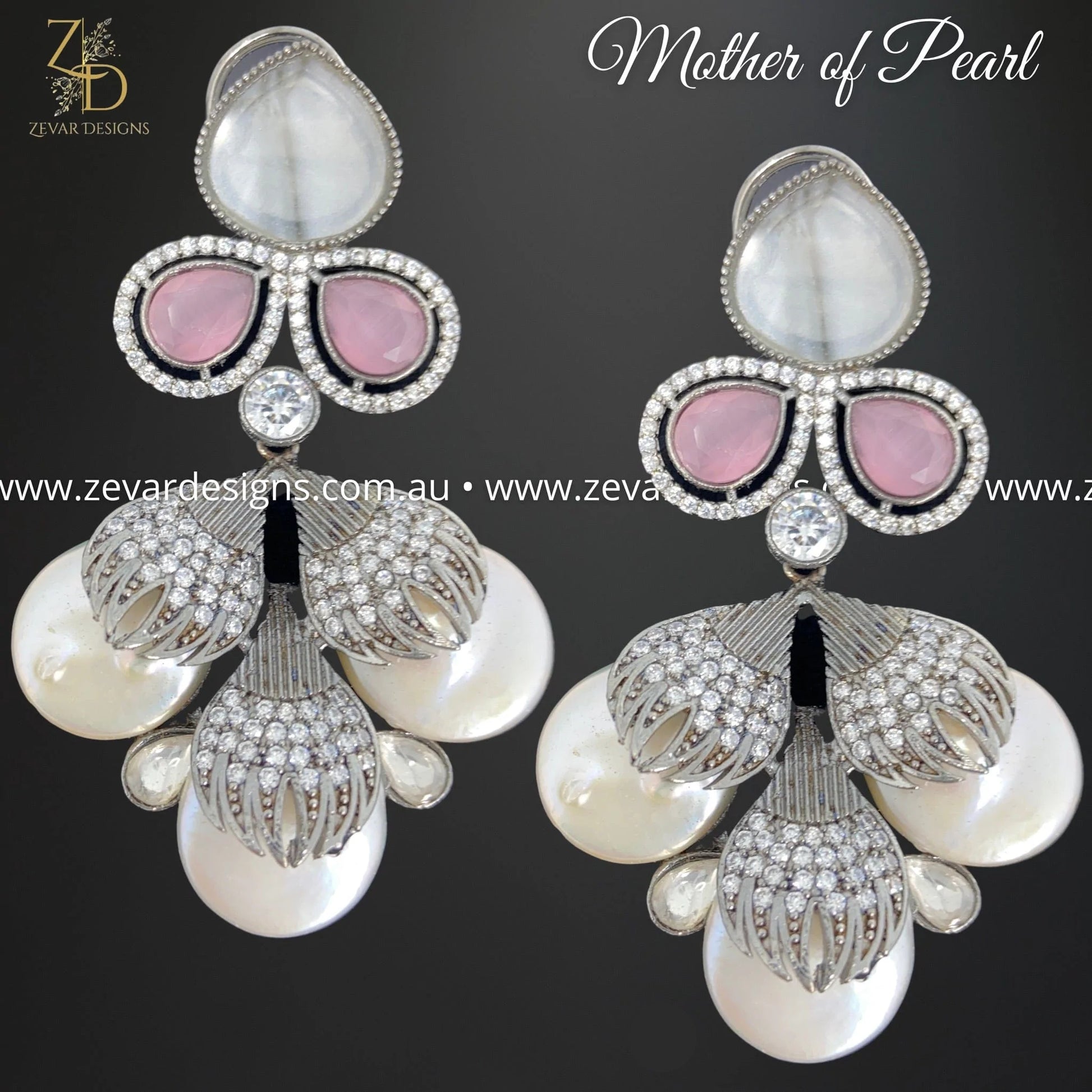 Zevar Designs Fusion-Amrapali Kundan AD Earrings with Mother of Pearl - Pink
