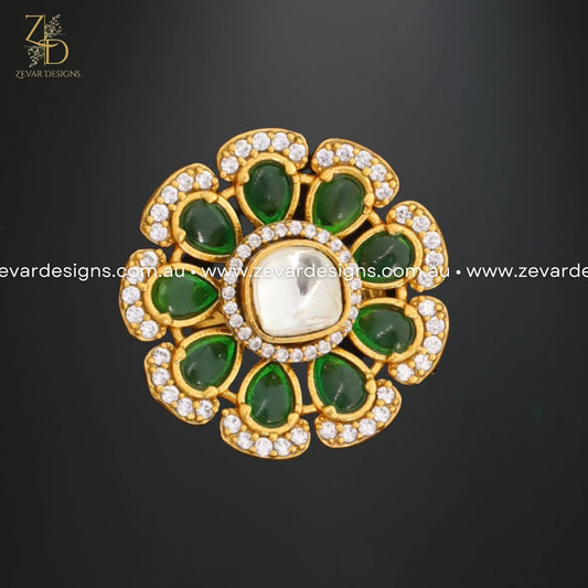 Zevar Designs Rings Kundan AD Revolving Ring - Emerald Green