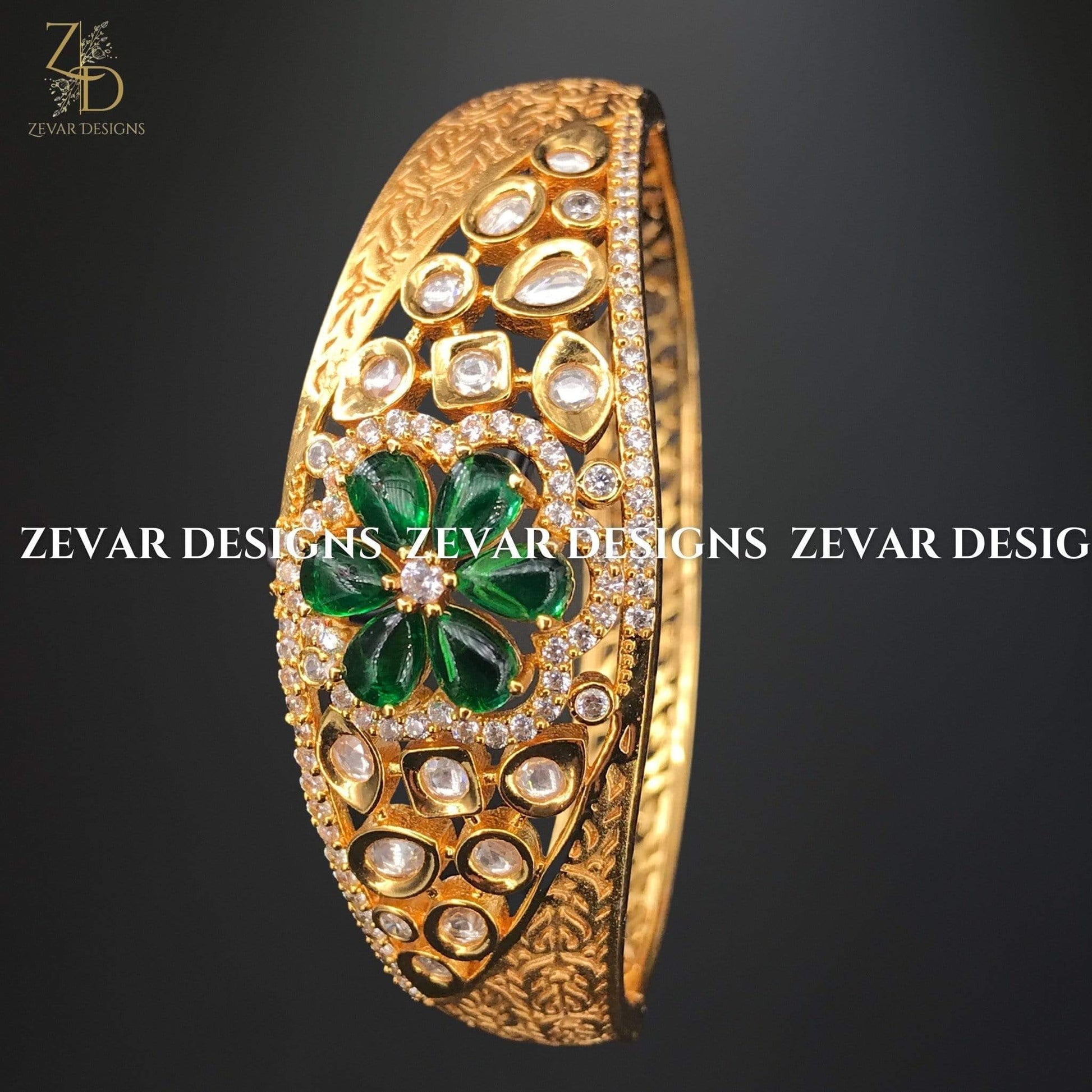 Zevar Designs Kundan Bangles Kundan And AD Bracelet - Emerald Green