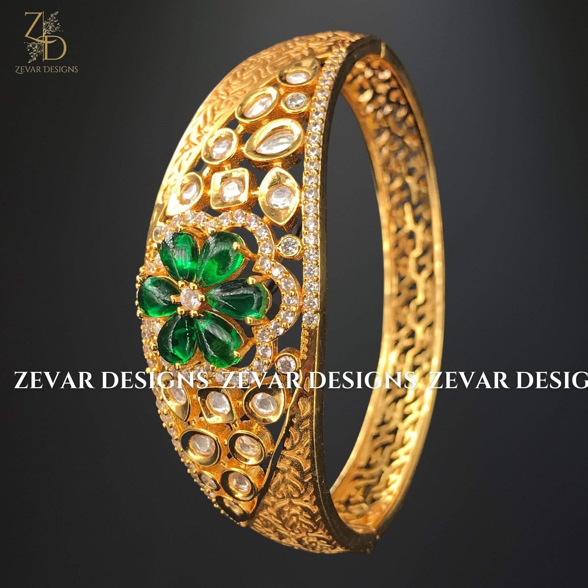 Zevar Designs Kundan Bangles Kundan And AD Bracelet - Emerald Green