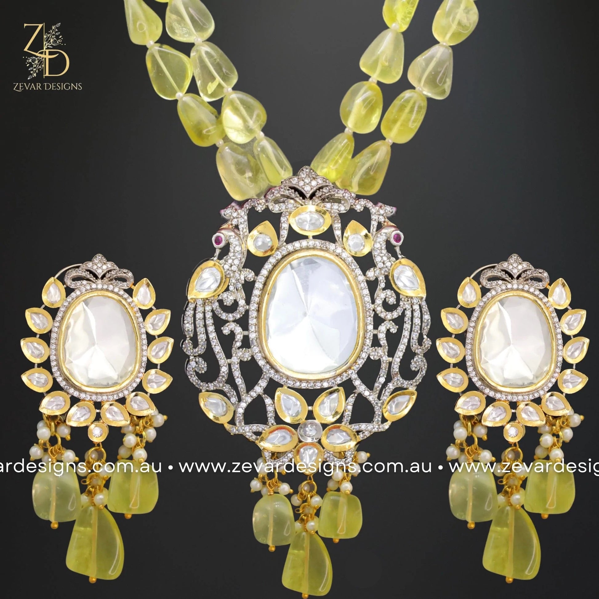 Zevar Designs Long Necklace Sets Kundan and AD Dual Finish Long Set - Lemon Yellow