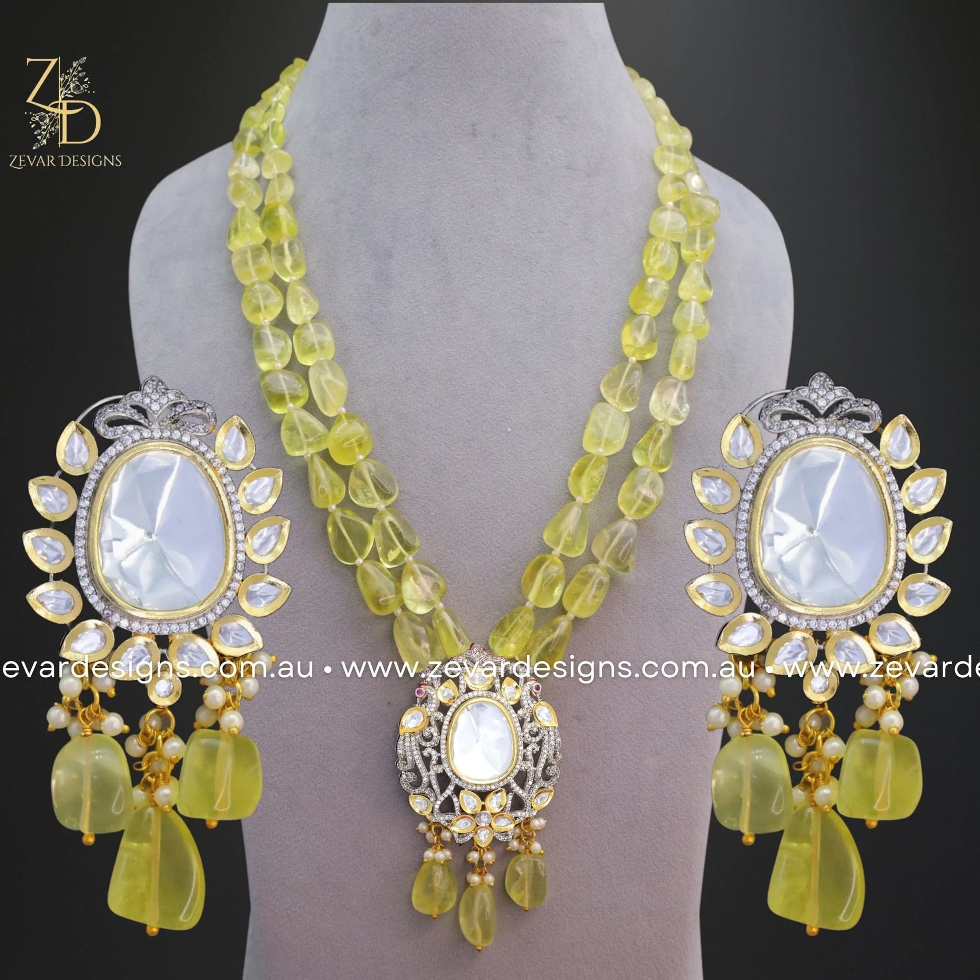 Zevar Designs Long Necklace Sets Kundan and AD Dual Finish Long Set - Lemon Yellow