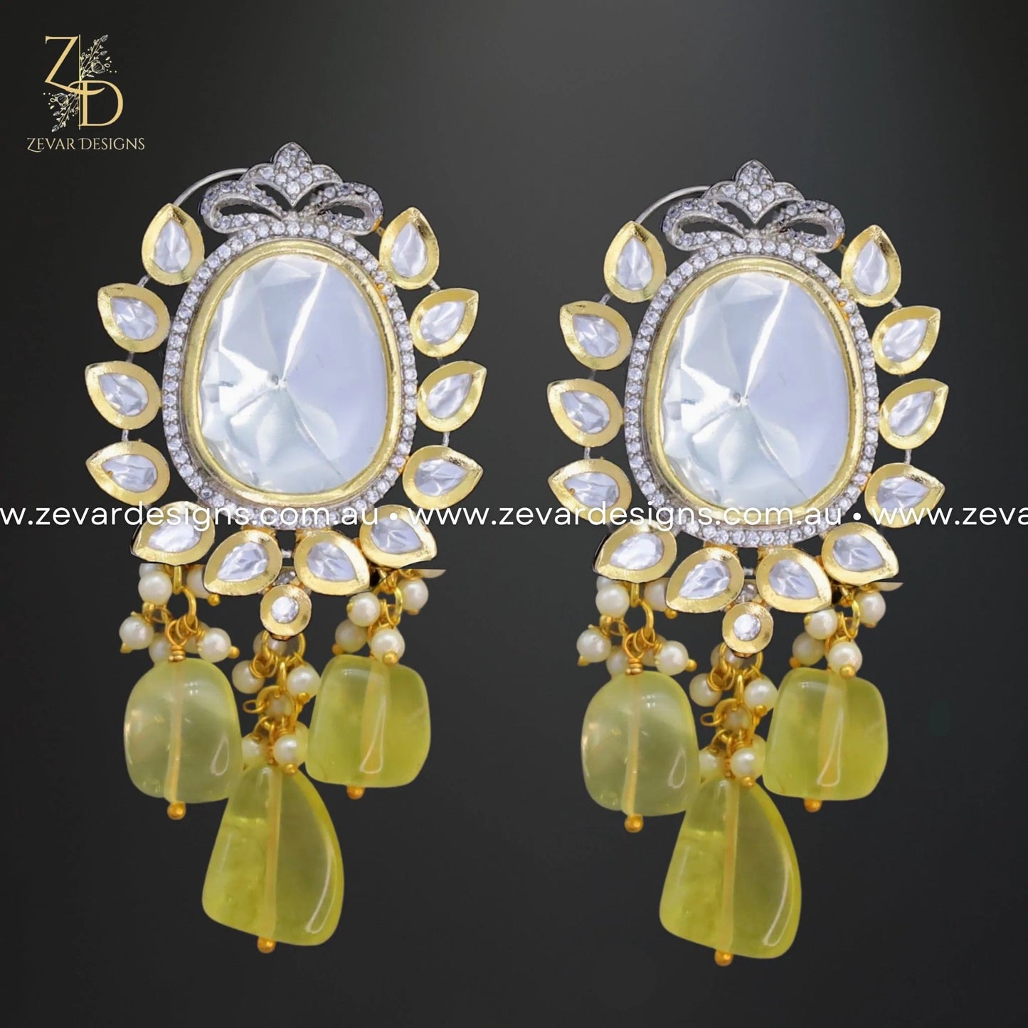 Zevar Designs Long Necklace Sets Kundan and AD Dual Finish Long Set - Lemon Yellow