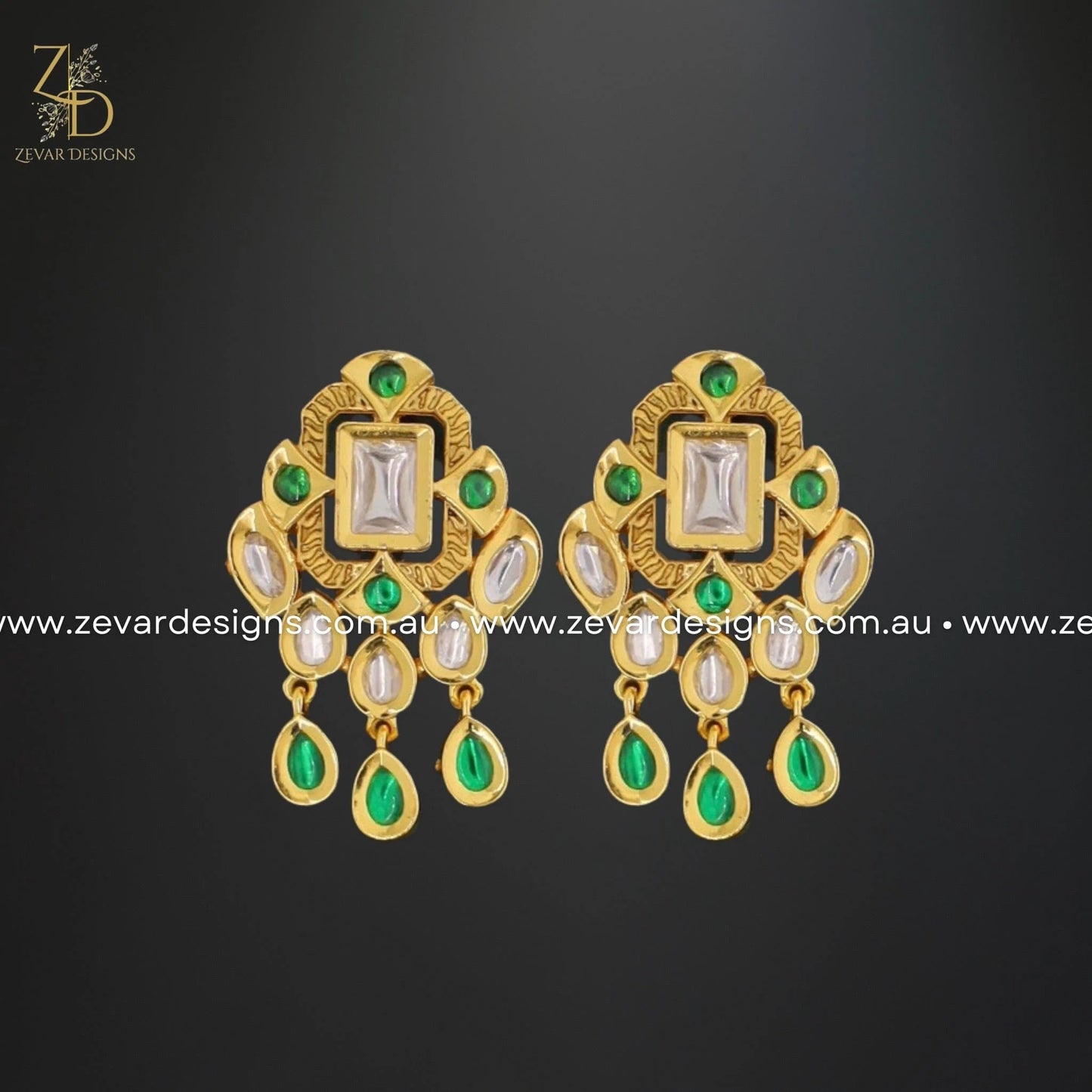 Zevar Designs Long Necklace Sets Kundan and AD Pendant Set in Emerald Green