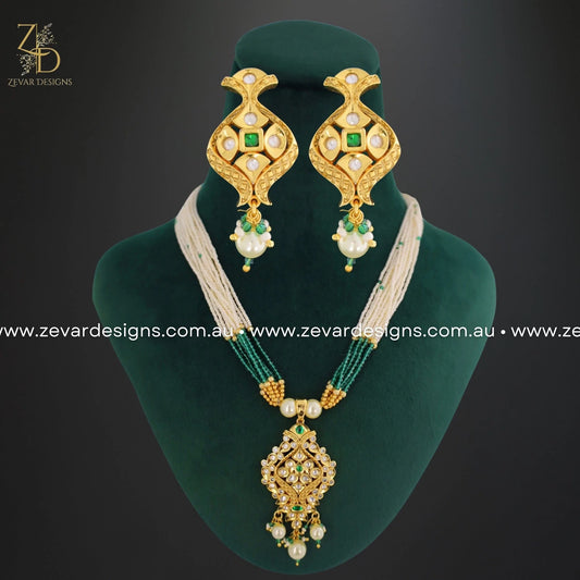 Zevar Designs Long Necklace Sets Kundan and AD Pendant Set in Emerald Green