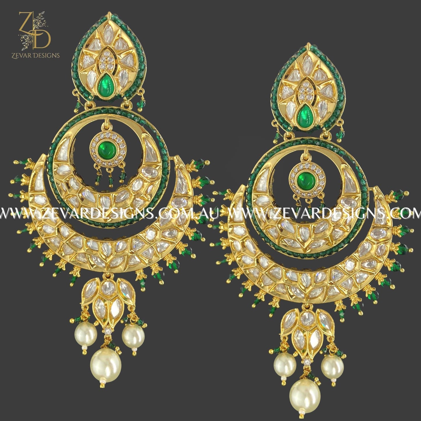 Zevar Designs Kundan Chandbali Earrings - Green