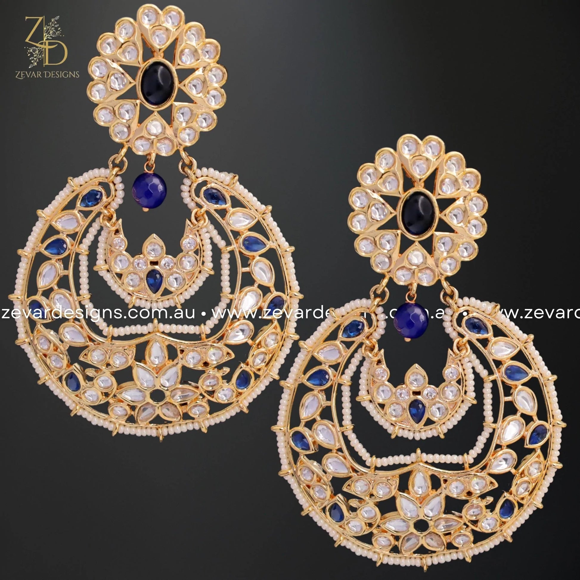 Zevar Designs Designer Earrings Kundan Chandbali Earrings - Navy Blue