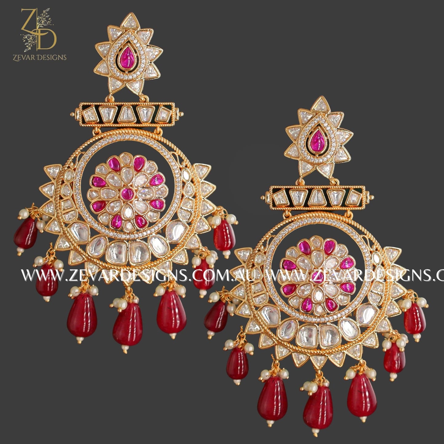 Zevar Designs Designer Earrings Kundan Chandbali Earrings - Red