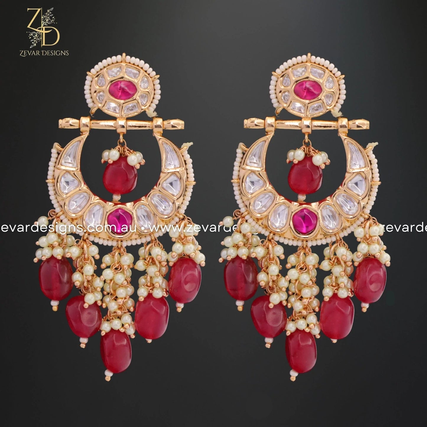 Zevar Designs Kundan Earrings Kundan Chandbali Earrings - Red