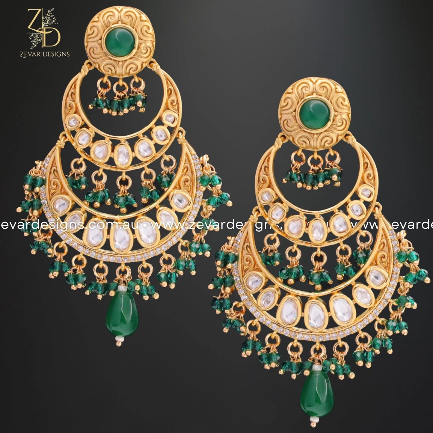 Zevar Designs Kundan Earrings Kundan Chandbali - Green