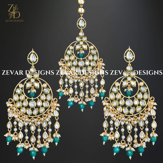 Zevar Designs Chandbali Kundan Chandbali Maang Tikka Set - Emerald Green