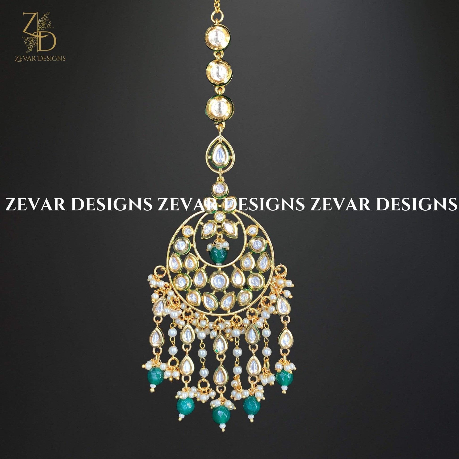 Zevar Designs Chandbali Kundan Chandbali Maang Tikka Set - Emerald Green