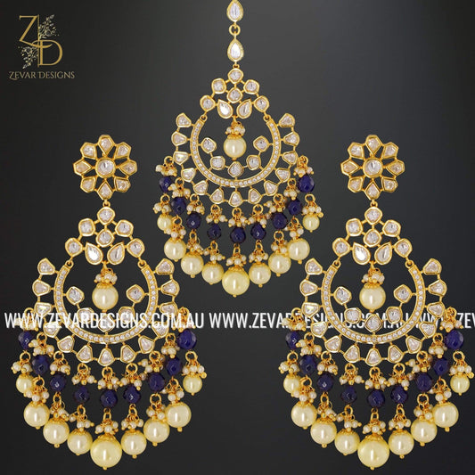 Zevar Designs Kundan Chandbali Kundan Chandbali Maang Tikka Set in Sapphire Blue