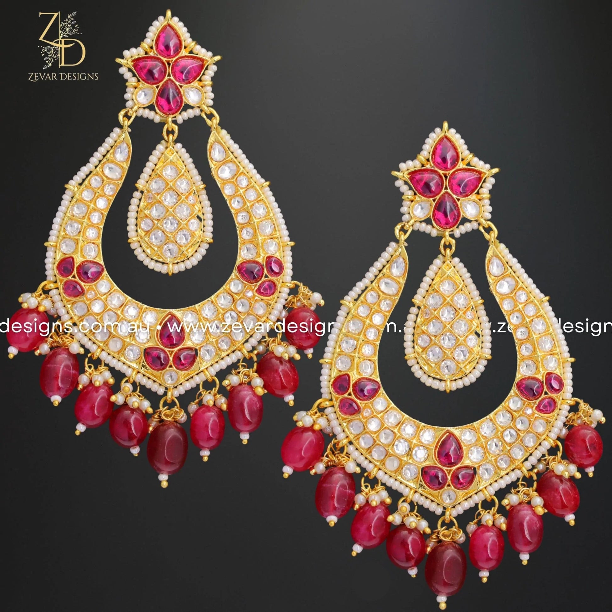 Zevar Designs Designer Earrings Kundan Chandbali - Ruby Red