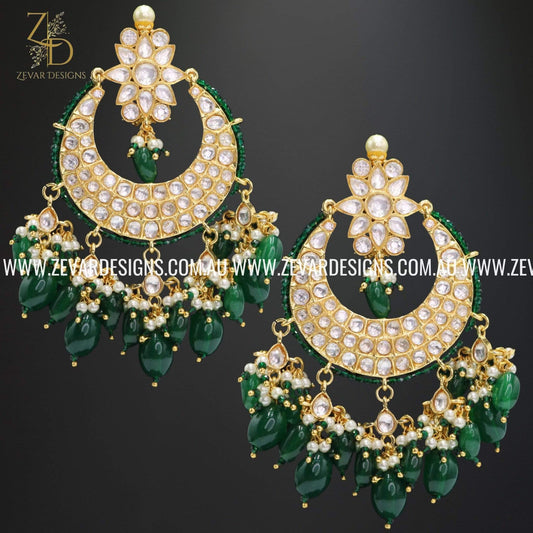 Zevar Designs Kundan Earrings Kundan Chandbali with Green Drops