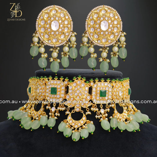 Zevar Designs Designer Necklace Sets Kundan Choker Set - Mint Green