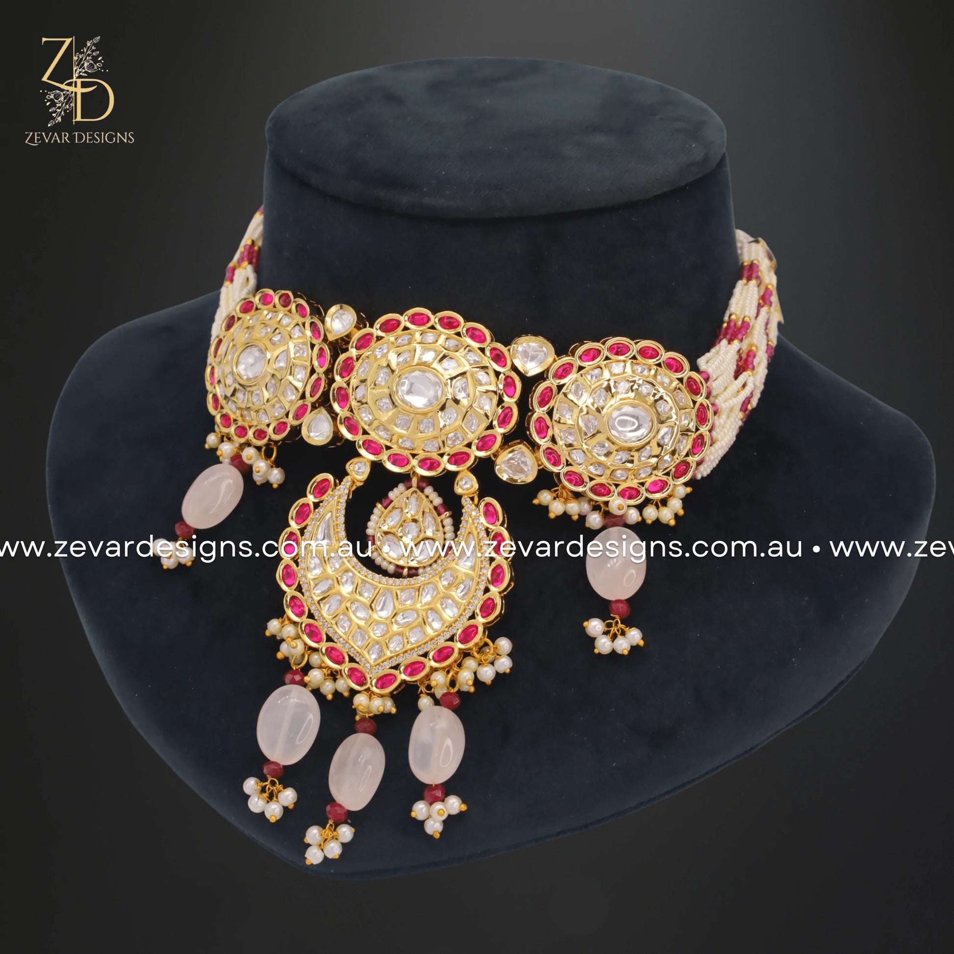 Zevar Designs Necklace Sets Kundan Choker Set - Red & Pink Drops