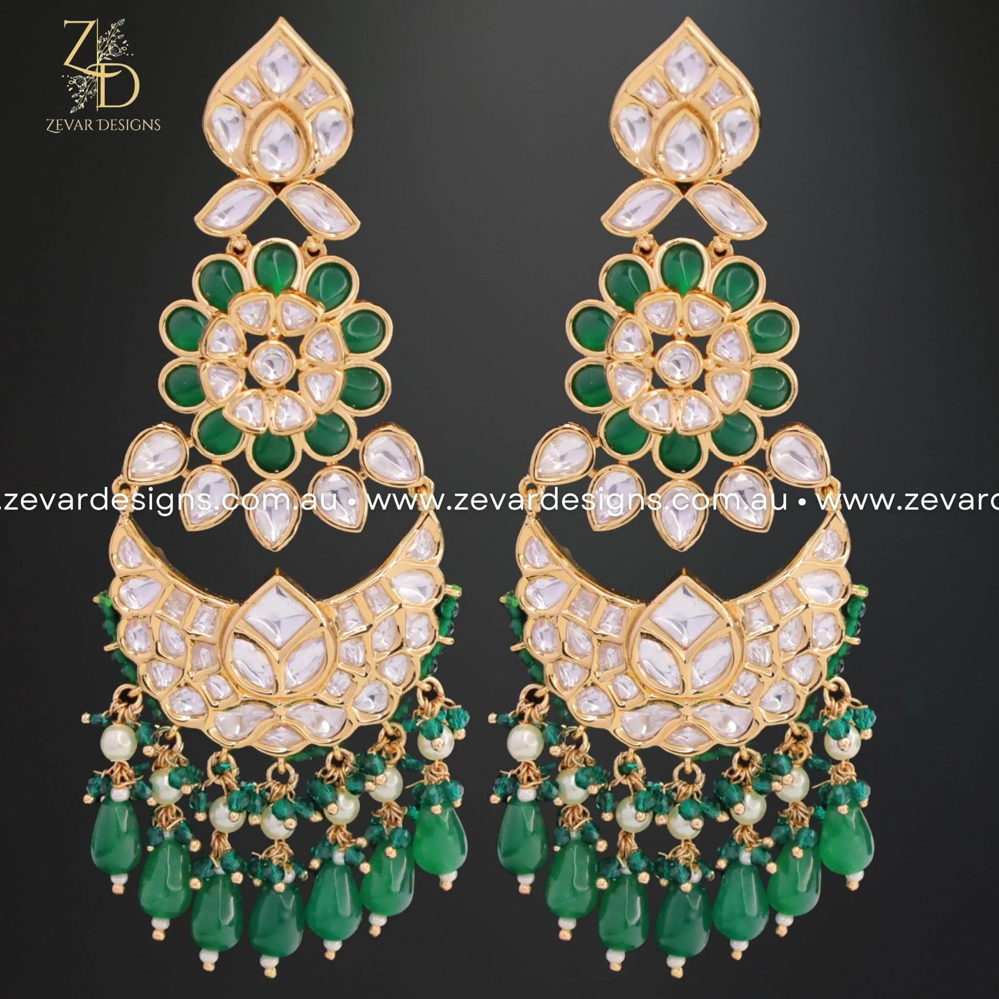 Zevar Designs Designer Earrings Kundan Earrings- Emerald Green