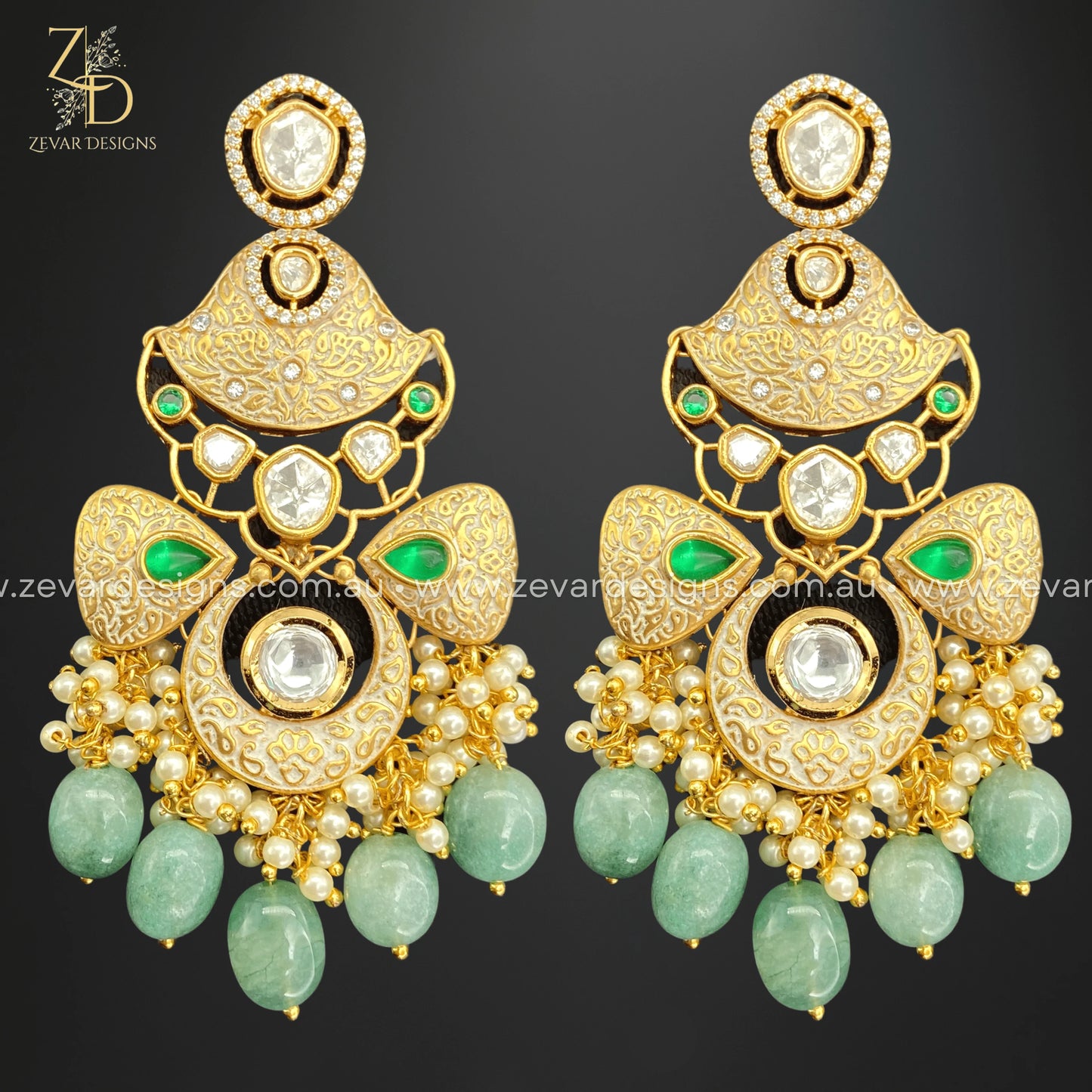 Zevar Designs Kundan Earrings Kundan Earrings in Ivory and Emerald Green Drops