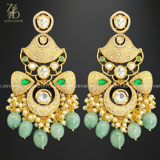 Zevar Designs Kundan Earrings Kundan Earrings in Ivory and Emerald Green Drops