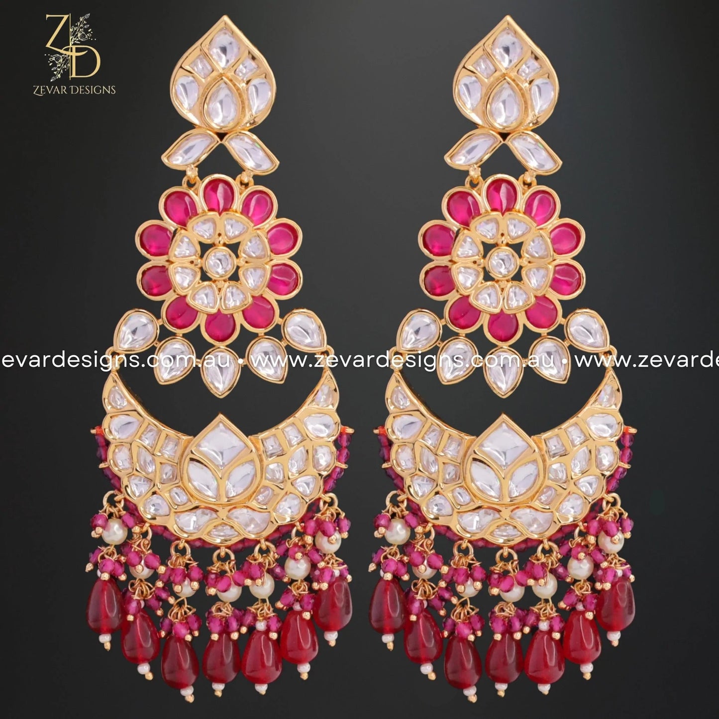 Zevar Designs Designer Earrings Kundan Earrings- Ruby Red