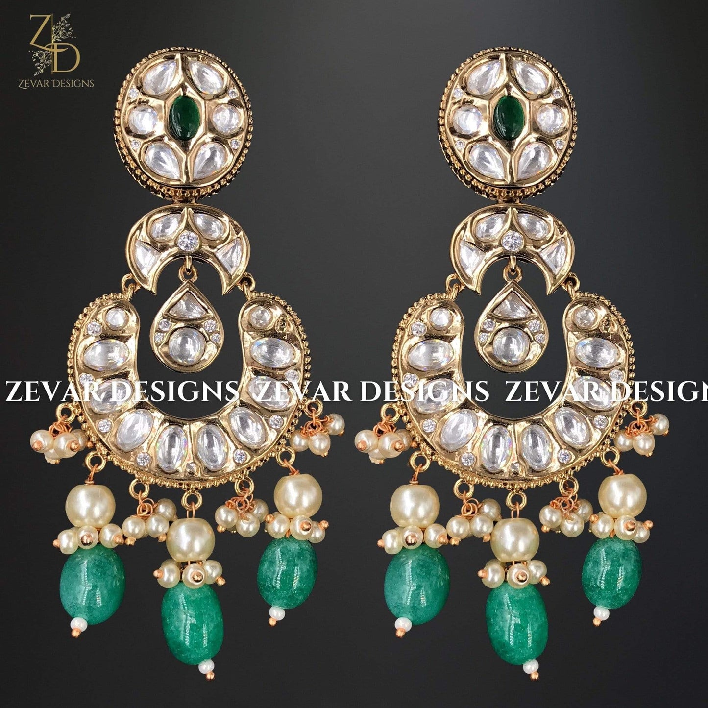 Zevar Designs Zircon Earrings Kundan Earrings with Green Drops