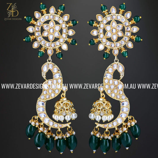 Zevar Designs Designer Earrings Kundan Earrings with Jhumki and Emerald Green Drops