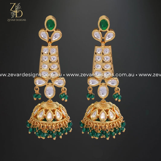 Zevar Designs Kundan Earrings Kundan Jhumki - Green Beads