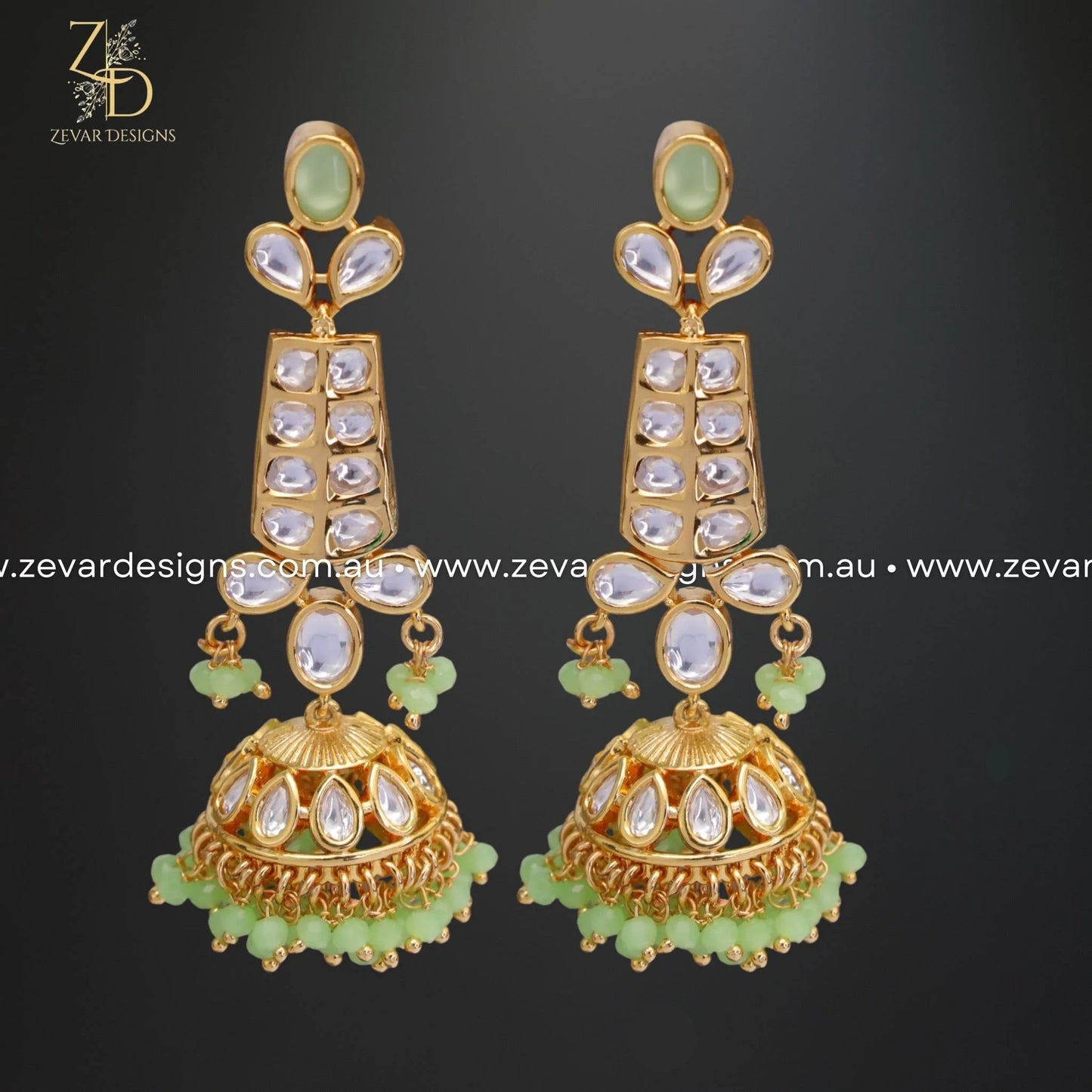 Zevar Designs Kundan Earrings Kundan Jhumki - Mint Green Beads