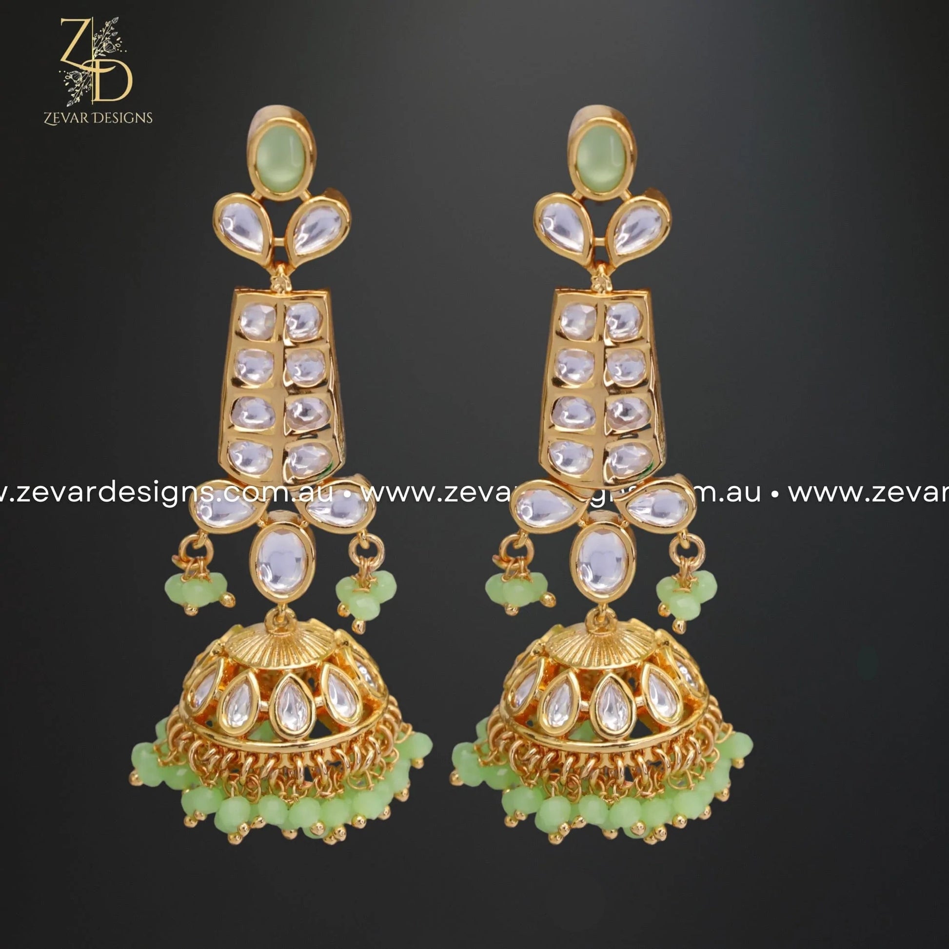 Zevar Designs Kundan Earrings Kundan Jhumki - Mint Green Beads