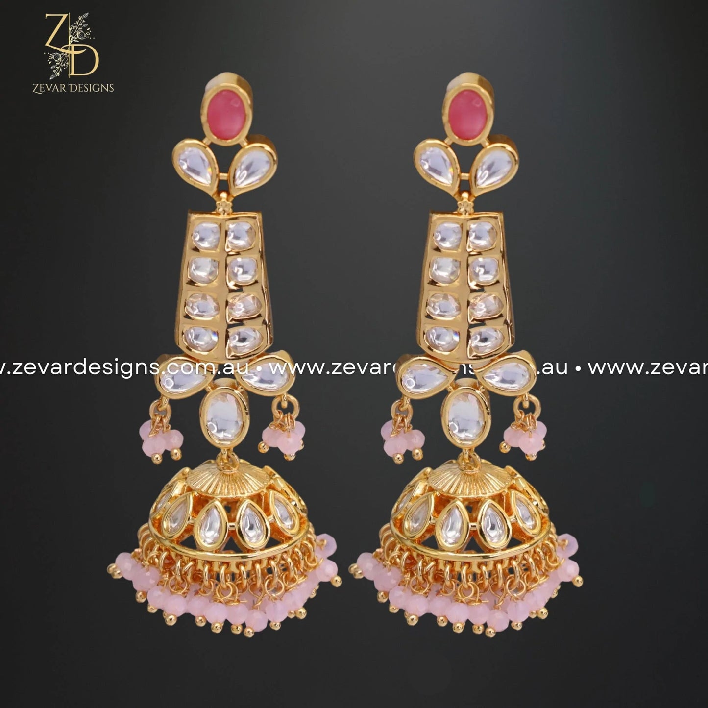 Zevar Designs Kundan Earrings Kundan Jhumki - Pink Beads