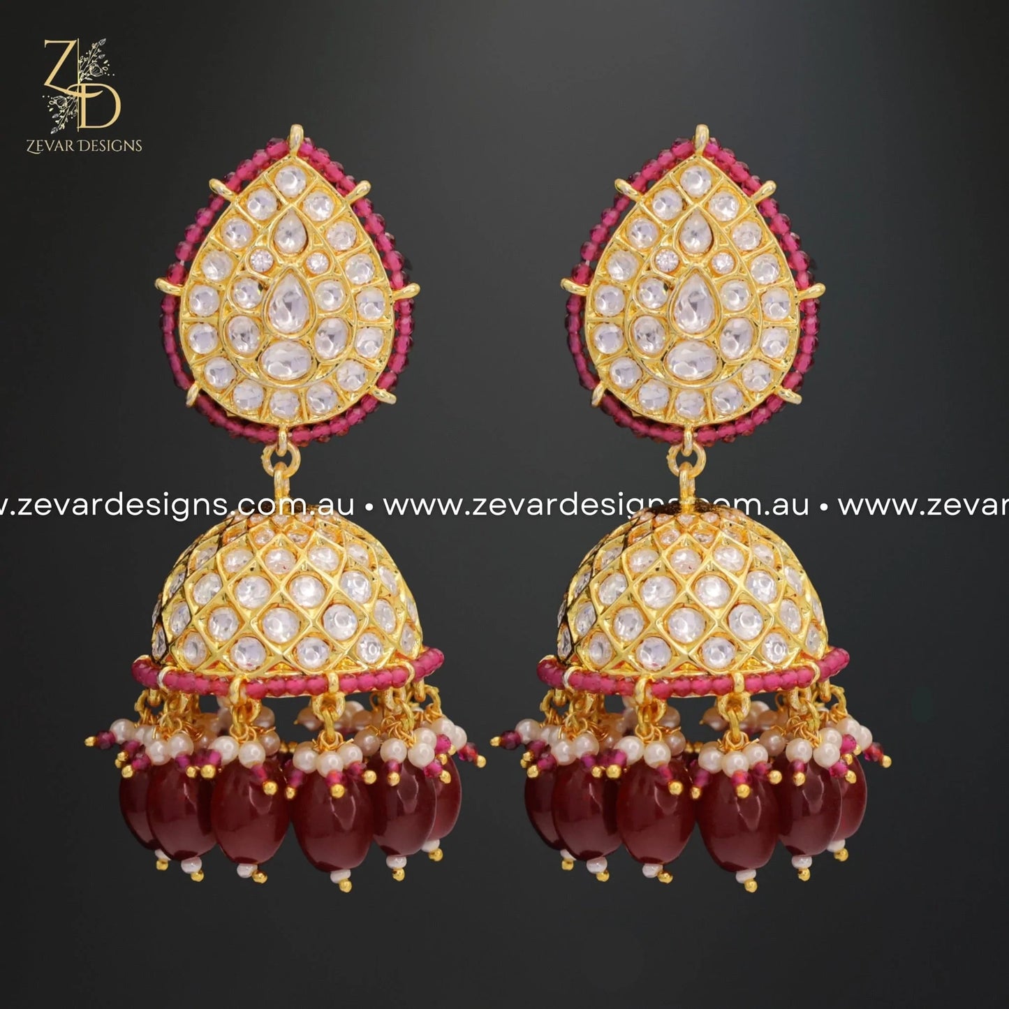 Zevar Designs Kundan Earrings Kundan Jhumki - Red beads