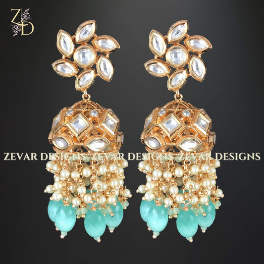 Zevar Designs Kundan Jhumki Kundan Jhumki with Pearl and Mint Green Drops
