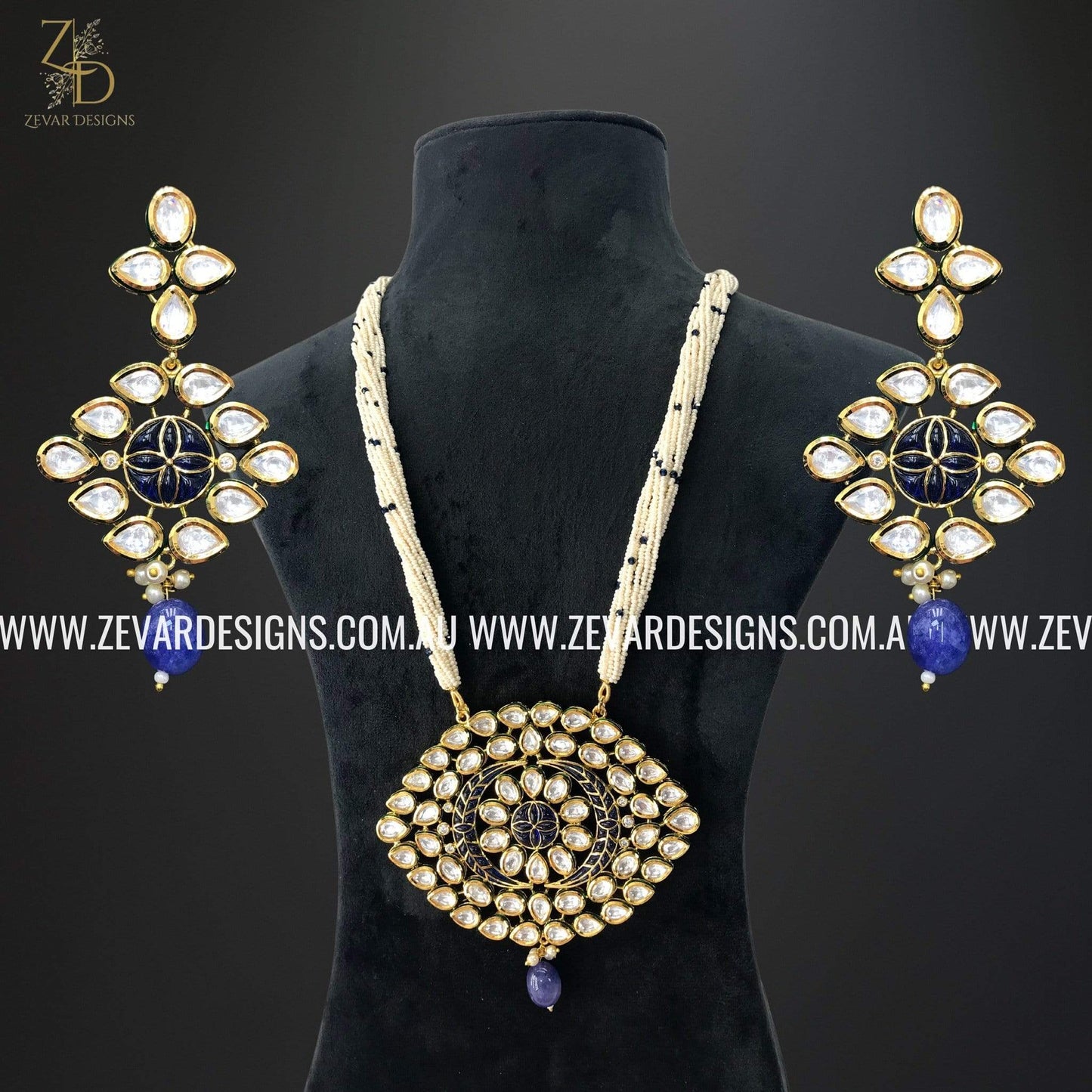 Zevar Designs Necklace Sets Kundan Long set - Pearl White and Blue