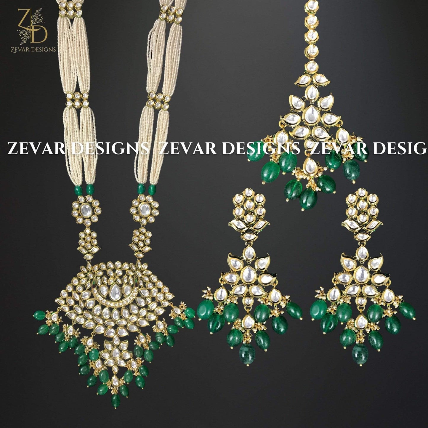 Zevar Designs Kundan Long Set Kundan Long Set with Tikka and Oversize Pendant - Emerald Green