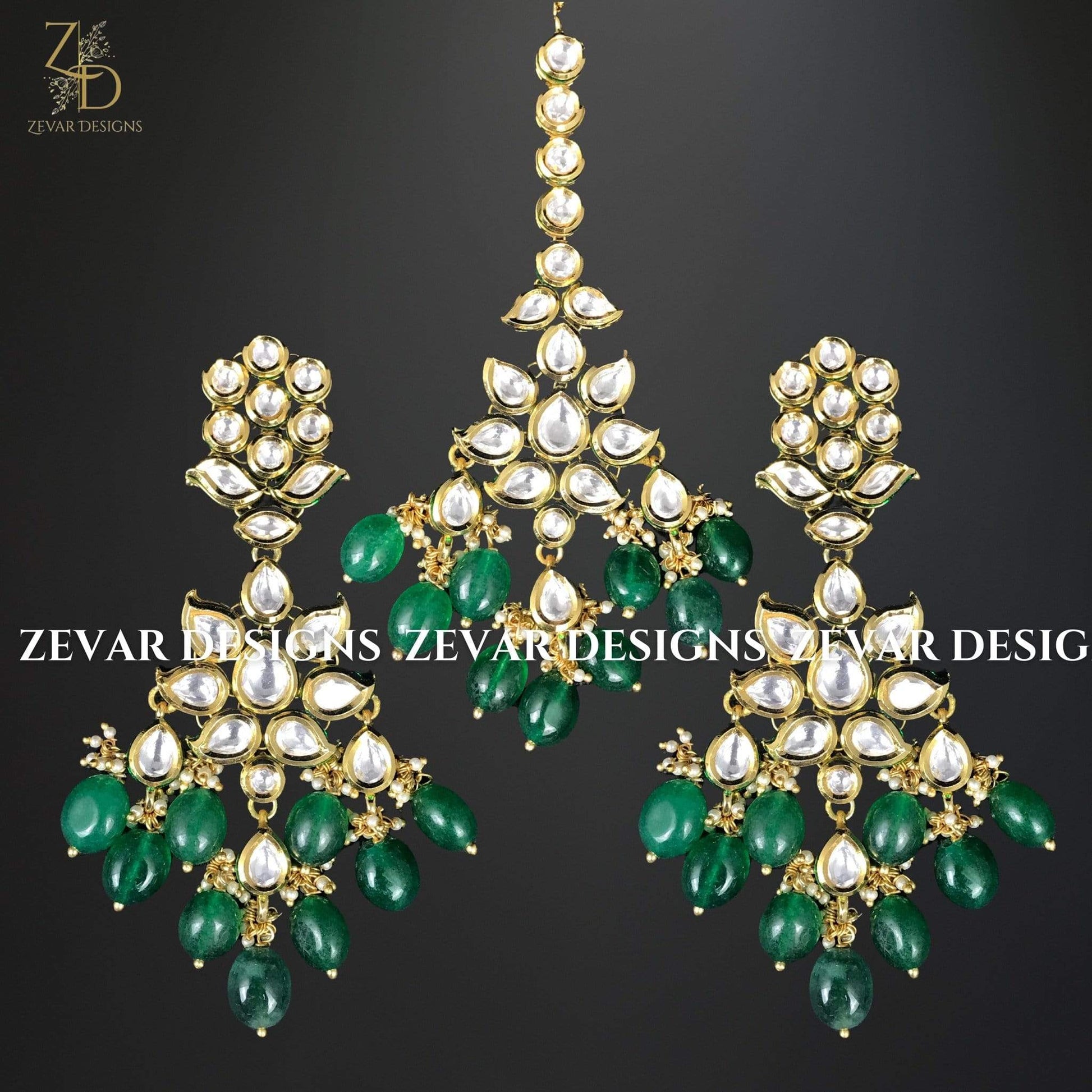 Zevar Designs Kundan Long Set Kundan Long Set with Tikka and Oversize Pendant - Emerald Green