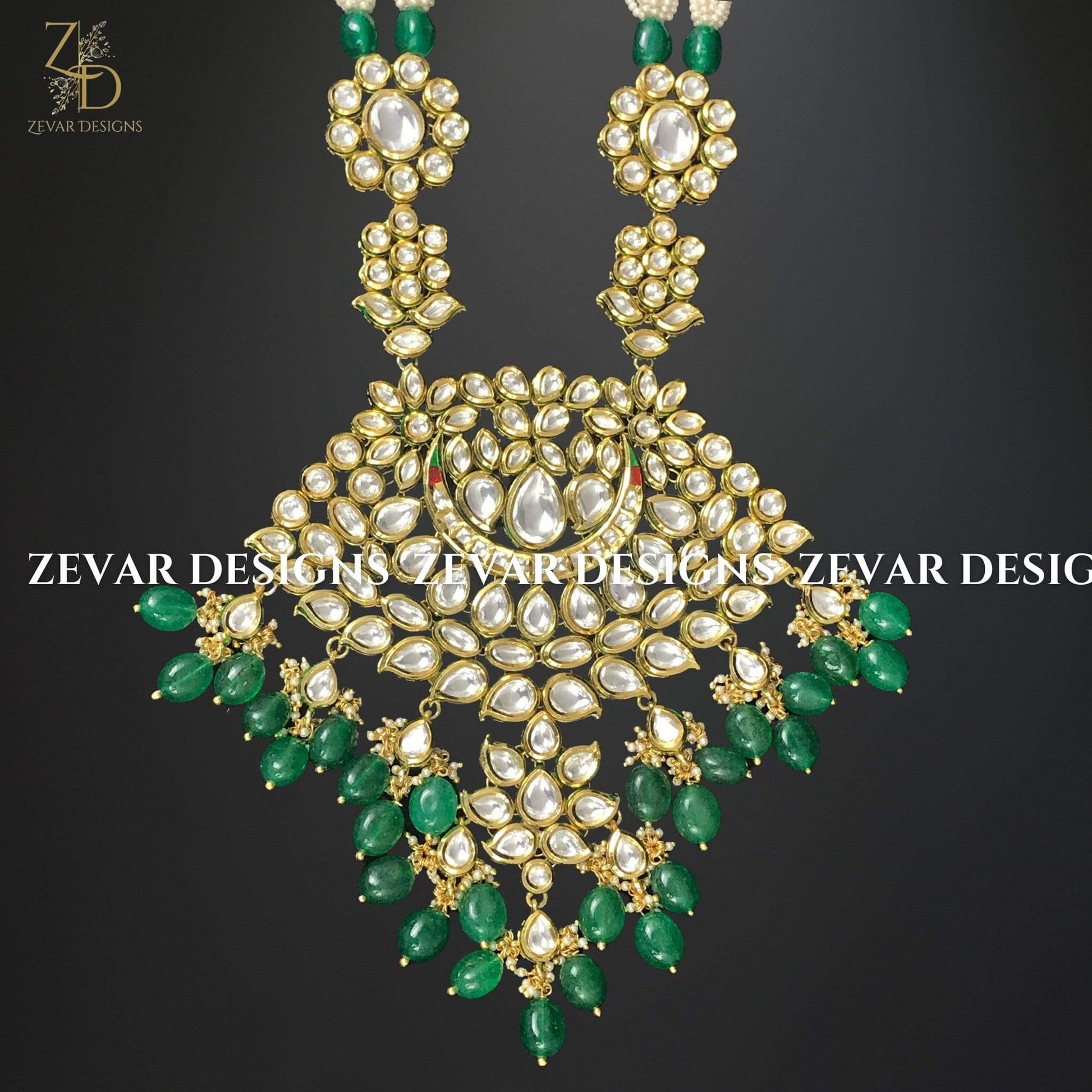 Zevar Designs Kundan Long Set Kundan Long Set with Tikka and Oversize Pendant - Emerald Green