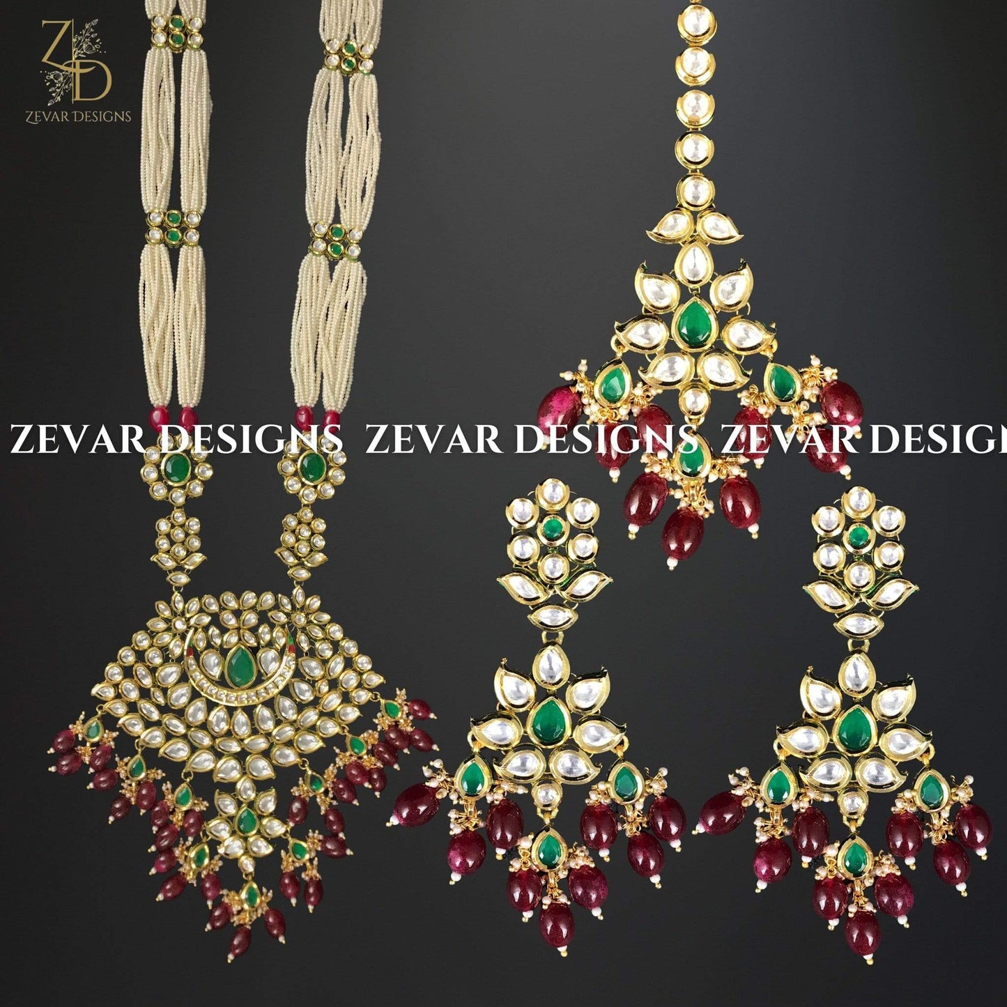 Zevar Designs Kundan Long Set Kundan Long Set with Tikka and Oversize Pendant - Ruby and Green