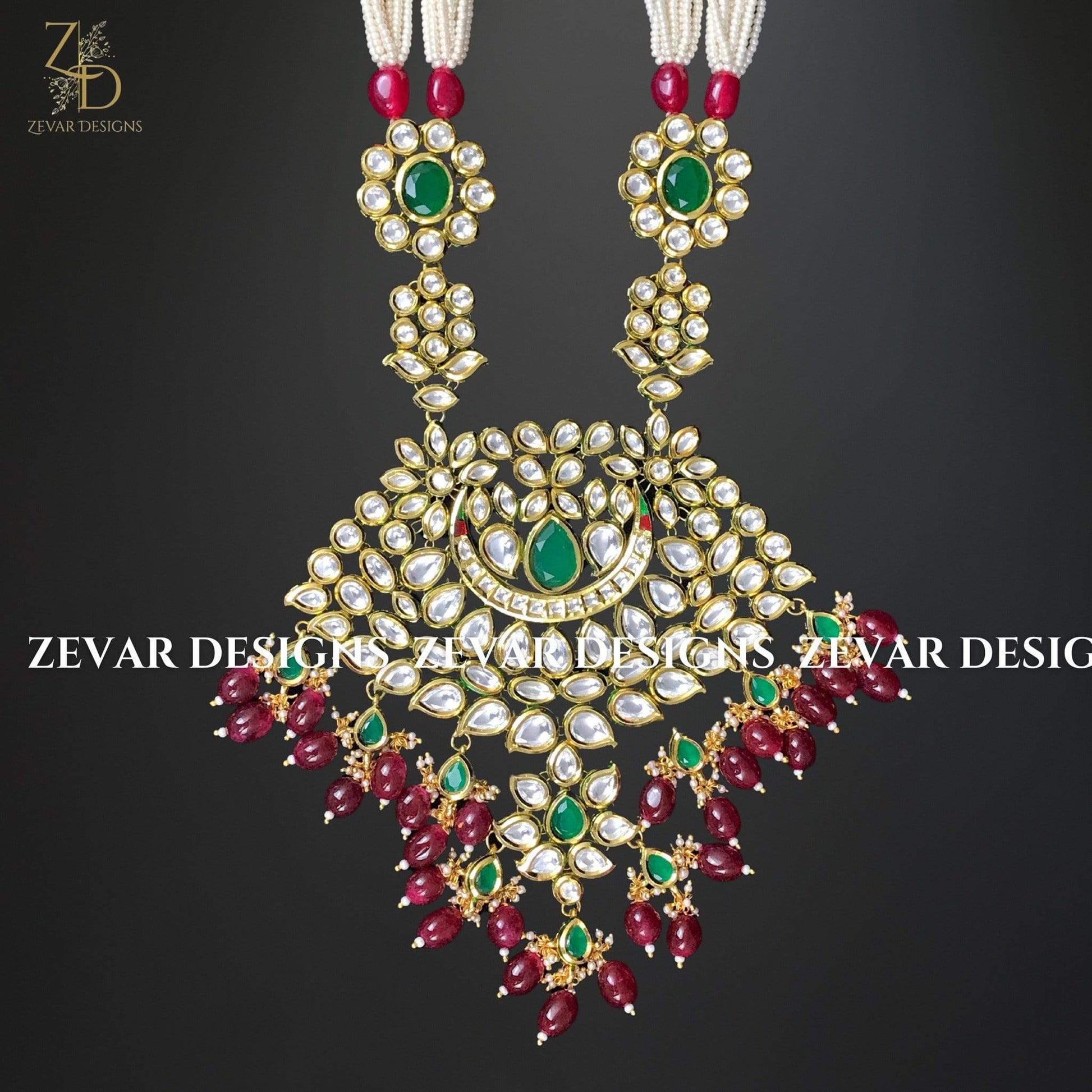 Zevar Designs Kundan Long Set Kundan Long Set with Tikka and Oversize Pendant - Ruby and Green